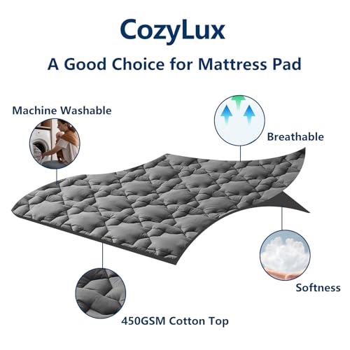 CozyLux Twin Mattress Pad Deep Pocket Up to 21" Non Slip Cotton Cooling Mattress Topper Breathable and Soft Quilted Fitted Mattress Cover Thick Pillowtop 450GSM Bed Mattress Pad (39x75) Inches White