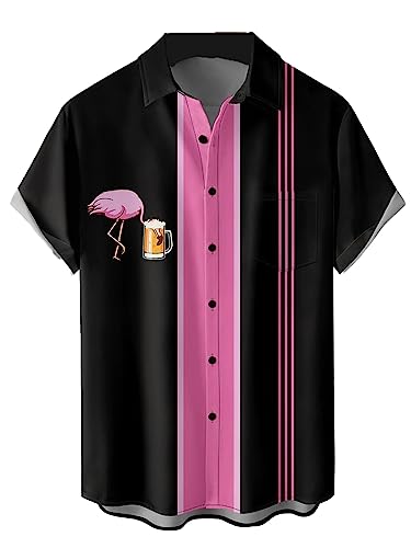 QIVICIMA Men's Retro Bowling Shirts 50s Vintage Button Down Shirts Color Block Active Shirts Flamingo Print Shirt C35 Retro M