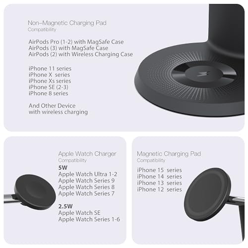 3 in 1 Wireless Charging Station for Apple Device: Fast Charging Station for iPhone and Watch with MagSafe, Stable Charger Stand for iPhone 12-15 & iWatch & AirPods