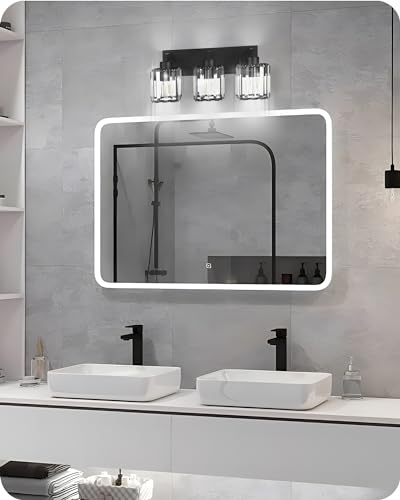 GOEBLESON 3-Light Crystal Bathroom Vanity Lights, Modern Black Bathroom Light Fixtures with Strip-Patterned Crystal Lampshade E26 Base, Upward or Downward Mounting, ETL Listed Wall Lights B06BD05