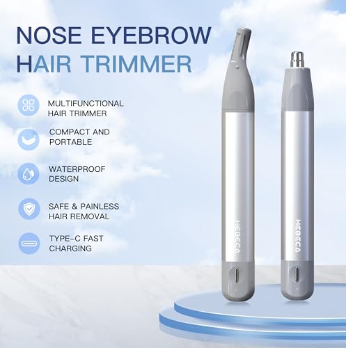 HEBECA Ear Nose Hair Trimmer, Rechargeable Facial Hair Removal Set for Women Men- Electric Eyebrow Trimmer, Waterproof 2in1 Face and Nose Trimmer Portable Silver