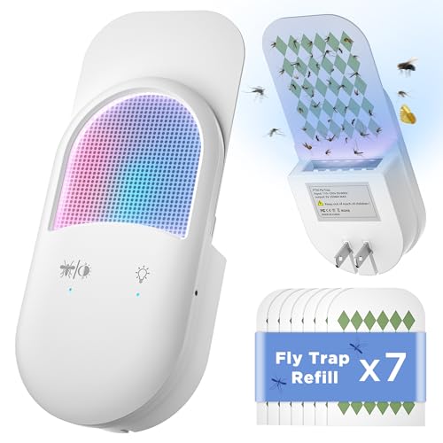 Fly Trap Indoor Plug-in 2-in-1 Flying Insect Trap with 7pcs Fly Trap Refill, Indoors Fly Trap Mosquito Trap with Night Light Gnat Traps for House Indoor Fly Trap for Moths Other Flying Insects