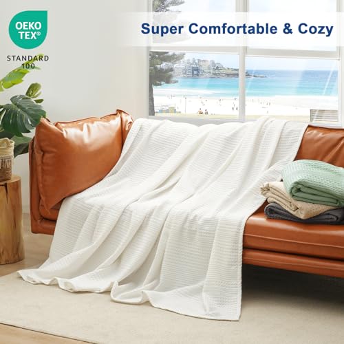 PHF Ultra Soft Waffle Weave Blanket Twin Size for Bed, Lightweight and Breathable Thin Blanket for Summer - 60"x 80" Soft Woven and Cozy Blanket for Couch Sofa Home Decor - Coconut White