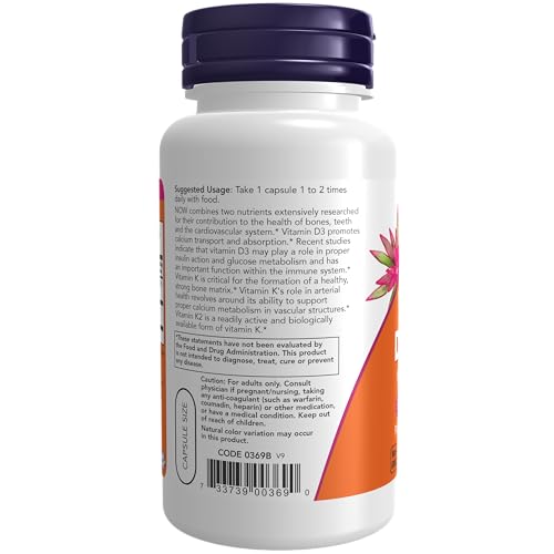 NOW Supplements, Vitamin D-3 & K-2, 1,000 IU/45 mcg,Plus Cardiovascular Support*, Supports Bone Health*, 120 veg Capsules