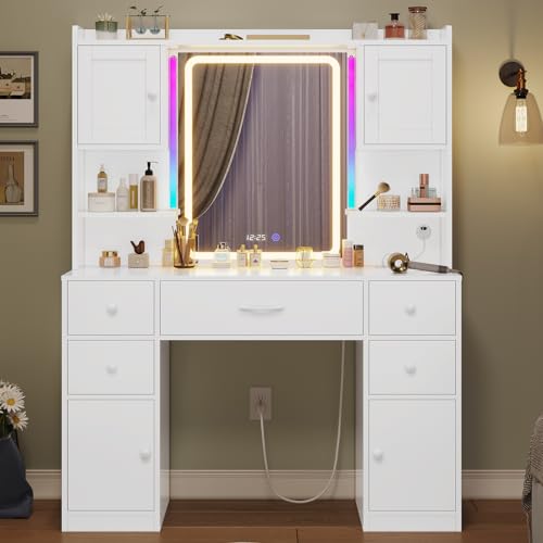 Tiptiper Large Vanity Desk with Mirror and Lights, Makeup Vanity with Lights and Charging Station, Vanity Table with Smart Mirror with Time Display, Makeup Table with 5 Drawers, White