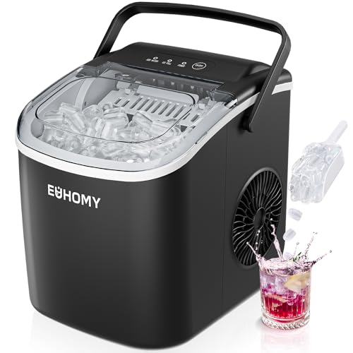 EUHOMY Countertop Ice Maker Machine with Handle, 26lbs Per Day, 9 Ice Cubes Ready in 6 Mins, Auto-Cleaning Portable Ice Maker with Basket and Scoop, for Home/Kitchen/Camping/RV (Silver)