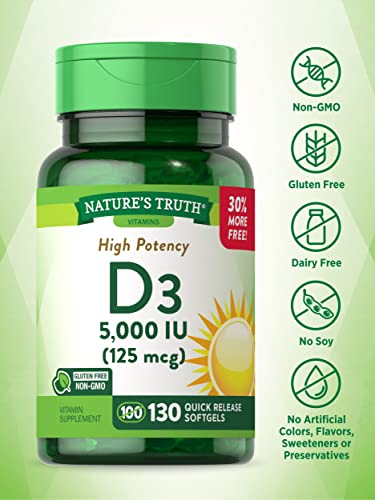 Nature's Truth Vitamin D3 5000 IU Softgels 130 Count | High Potency Vitamin D | Non-GMO, Gluten Free