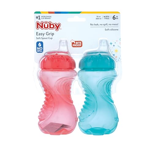 2 Pack Sippy Cups with Soft Spout - 10 Oz Toddler Cups Spill Proof with Easy Grip - BPA Free & Dishwasher Safe (Aqua & Coral)