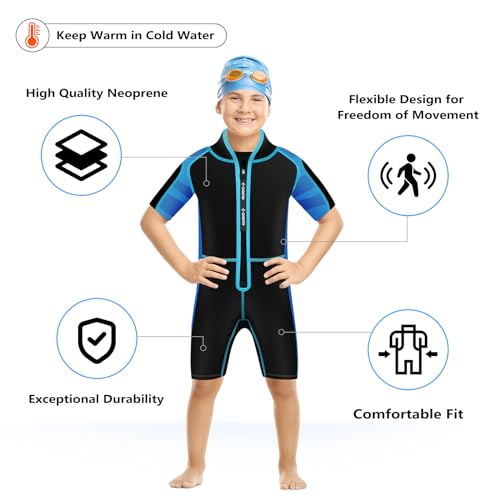 Chriffer Kids Wetsuit Shorty Wet Suit for Girls Boys Front Zip 2mm Neoprene Thermal Short Sleeves for Toddler/Kid/Youth/Teens Keep Warm for Diving Surfing Swimming Water Sports, Blue, X-Small