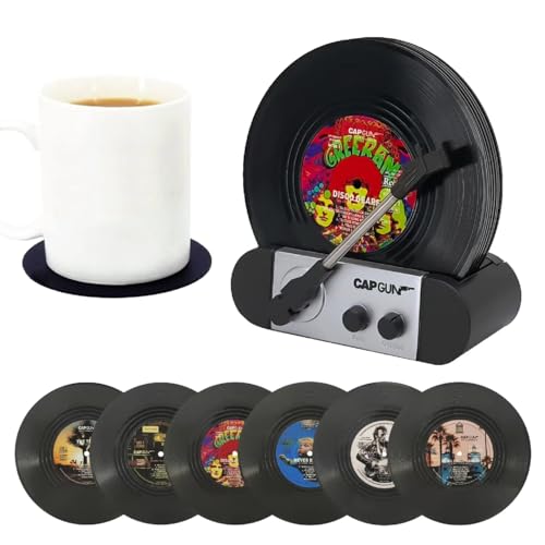 Funny Retro Vinyl Record Coasters, Creative Drink Coasters Set of 6 with Vinyl Record Player Holder for Music Lovers, Housewarming Hostess Gifts, Birthday and White Elephant Gifts Ideas