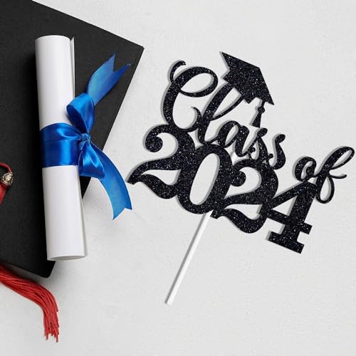 Class of 2024 Cake Topper 6Pcs Glitter Congrats Grad 2024 Congrats Graduation Party Decorations Supplies, Black