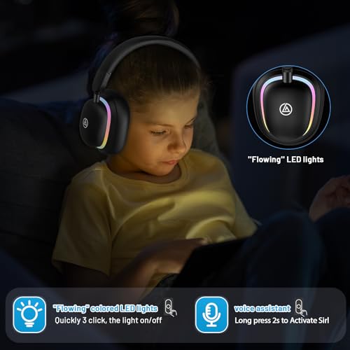 LOBKIN Bluetooth 5.3 Kids Headphones with Case - RGB LED Light Up Cat Ears Foldable Adjustable Over Ear Headphone Support Wireless or 3.5mm Wired Mode for Toddler & Girls & Boys Teens