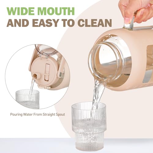 HYDRAGLAZIC 64oz Glass Water Bottle, Glass Tumblers with Straw and Handle, Cup with Silicone Sleeve, Wide Mouth Half Gallon Water Bottle with Time and Water Marker, Water Jug Amber