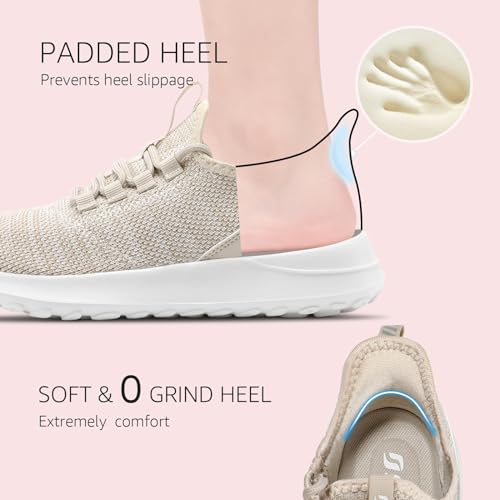 STQ Slip Ins Womens Slip On Sneakers Hands Free Orthopedic Tennis Walking Shoes for Plantar Fasciitis Relief Beige 6.5