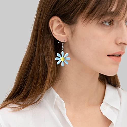 Daisy Earrings Daisy Flower Earrings for Women Acrylic Yellow Flower Daisy Dangle Earring Wild Lily Petals Hawaii Plant Earrings (Heart- Blue)