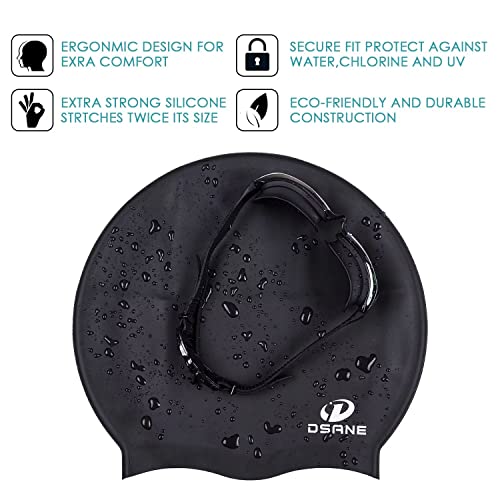 Dsane Extra Large Swimming Cap for Women and Men,Special Design Swim Cap for Very Long Thick Curly Hair&Dreadlocks Weaves Braids Afros Silicone Keep Your Hair Dry(Black/XL)