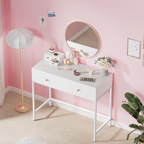 SUPERJARE 39.4" White Desk with 2 Drawers, Modern Makeup Vanity Desk, Small Computer Desk Home Office Desk for Writing Study Bedroom