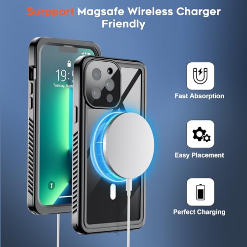 SUPFINE Magnetic for iPhone 12 Waterproof Case,[Built-in Screen Protector][IP68 Underwater][15FT Military Dropproof][Compatible with MagSafe] Full Body Heavy Duty Shockproof Phone Case-Black/Clear