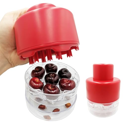 Multi Cherry Pitter Tool, Cherry Stone Remover for Multiple Cherries, Remove 7 Stones One Time, Fruit Pit Stoner for Kitchen Cherry Jam, Quick-Release Multi-Cherry & Olive Pitter (Red)