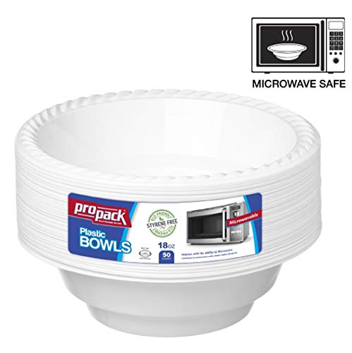Propack [50 Count] Disposable Plastic White 18 oz Heavy Weight Bowls, Great For Weddings, Home, Office, School, Party, Picnics, Take-out, Fast Food, Outdoor, Events, Or Every Day Use