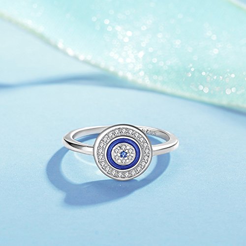 TONGZHE Round Blue Evil Eye Band Ring in Sterling Silver 925 w/Cubic Zirconia & Enamel[Size 6]