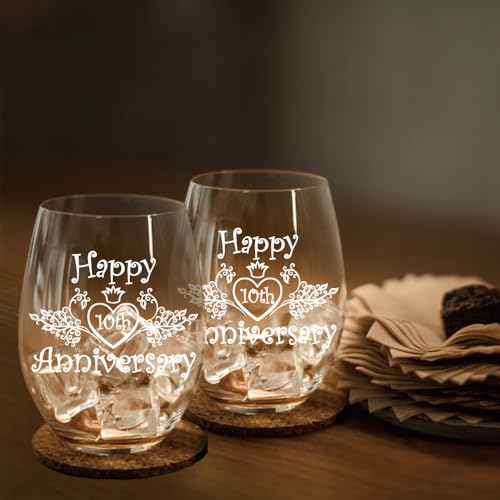 Perfectinsoy 10 Years of Being Mrs Always Right Wine Glasses Set of 2 with Metallic Memorial Card, 10th Wedding Birthday Gifts for Parents, Wife, Soulmate, Couple, Funny 10 Years Milestone Gift