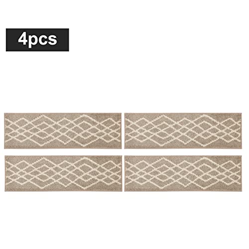COSY HOMEER Soft Stair Treads Non-Slip Carpet Mat 28inX9in Indoor Stair Runners for Wooden Steps,Stair Rugs for Kids and Dogs, 100% Polyester TPE Backing 4pcs,Beige,Rhombus