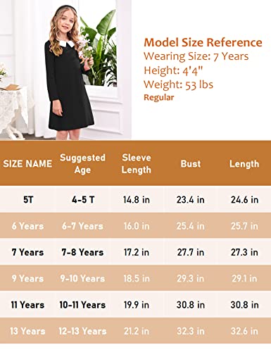 Arshiner Girls Dress Vintage Peter Pan Collar Fall Long Sleeve Solid Color T-Shirt Halloween Holiday Dresses Black 7-8 Years