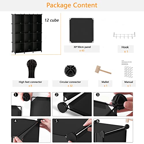 AWTATOS Cube Storage Organizer Storage 12 Cube Bookshelf DIY Plastic Closet Storage Shelves with Wooden Mallet, Ideal Storage Solution for Home, Bedroom, Black