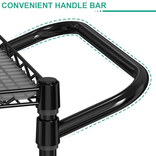 Folews Heavy Duty Rolling Cart with Wheels, 3 Tier Commercial Grade Utility Cart Metal Kitchen Storage Trolley Wire Cart Food Storage Cart Service Cart with Handle Bar & Shelf Liner, Black