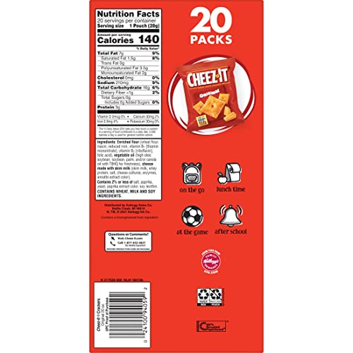 Cheez-It Cheese Crackers, Baked Snack Crackers, Lunch Snacks, Original, 20oz Box (20 Packs)