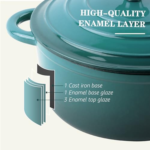 Overmont Enameled Cast Iron Dutch Oven - 4.5QT Pot with Lid Cookbook & Cotton Potholders - Heavy-Duty Cookware for Braising, Stews, Roasting, Bread Baking bottle green