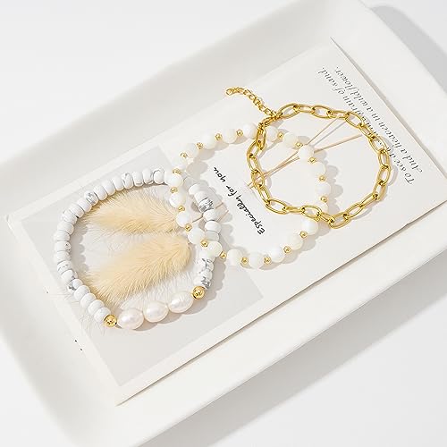 MAMA Bracelet Dainty Gold Crystal Beaded Bracelets Set for Women Stackable 14K Gold Plated Beads Nature Stone Layered Stretch Bracelets Mother's Day Gifts for Mom Grandmom