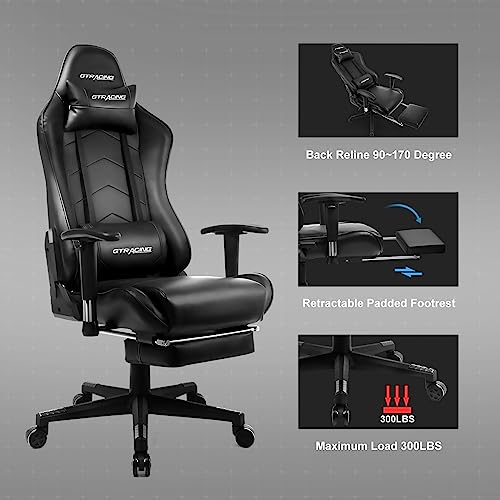 GTRACING Gaming Chair with Footrest Big and Tall Gamer Chair Office Executive Chair Heavy Duty Adjustable Recliner with Headrest Lumbar Support Cushion Desk Chair (Black)
