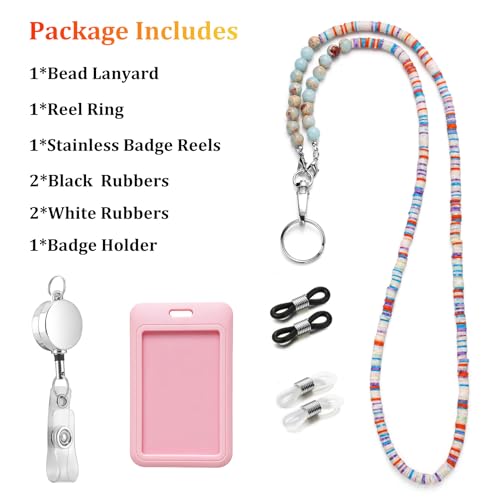 Sruchy Lanyards for ID Badges, Natural Stone Beaded Crystal Lanyards for Keys, Fashion Glasses Chain Strap with Heavy Duty Badge Reels, Cute Teacher Neck Lanyard for Women