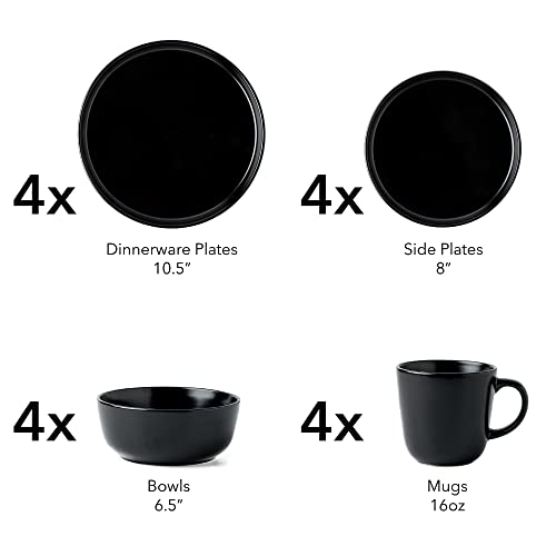 ARORA SKUGGA Round Stoneware 16pc Double Bowl Dinnerware Set for 4, Dinner and Side Plates, Cereal and Pasta Bowls - Matte White(466077)