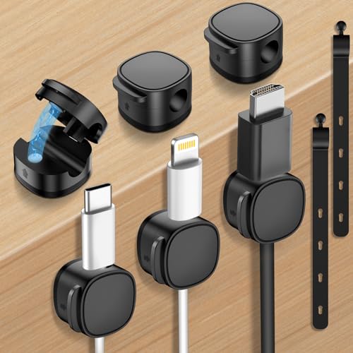 Magnetic Cable Clips & Silicon Cable Ties, Cord Holder[ Cable Smooth Adjustable Desk Organizer],Under Desk Cable Management, Adhesive Home Office Wire Sets Holder Keeper, 8Pack Upgraded