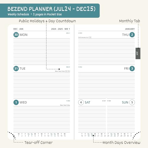 Pocket Planner 2024 2025 by BEZEND, 18 Months (July24-Dec25) [Black] Small Academic Year Planner, Daily Weekly and Monthly Calendar with Pen Holder, Vegan Leather Hard Cover