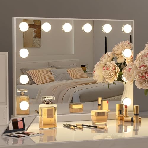 Kottova Vanity Mirror with Lights,Makeup Mirror,Hollywood Mirror with 15 Dimmable LED Bulbs,3 Color Modes & Detachable 10X Magnification Mirror,Slim Metal Frame Design,Smart Touch Control,Plug in