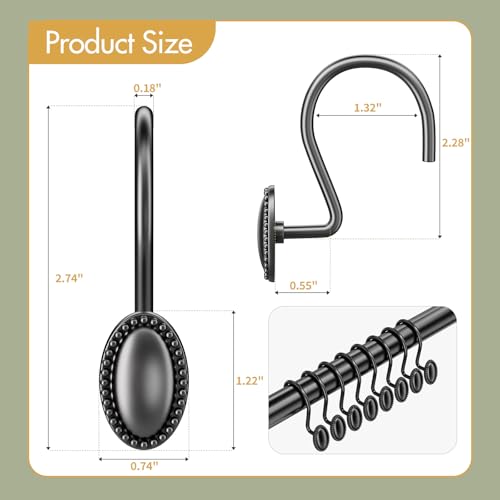 AmazerBath Black Shower Curtain Hooks, 12PCS Rust Proof Shower Curtain Rings, Decorative Modern Shower Curtain Hangers, Elliptical Heavy Duty Design Convenient for Bathroom Kitchen Wardrobe