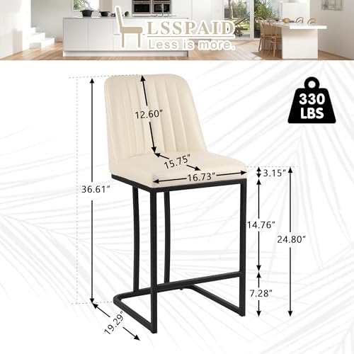 LSSPAID Counter Height Bar Stools Set of 2, 24.8 Inch Modern Upholstered Fabric Kitchen Island Chairs with Backrest and Footrest, Black Metal Leg for Kitchen Counter, Beige