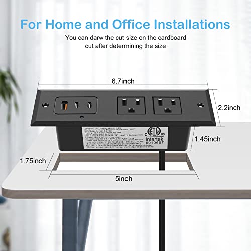 CCCEI Recessed Power Strip with Two USB-C Ports, Fast Charging USB A Port Desk Outlet, Black Furniture Hidden Charging Station for Side Table, End Table, with 6 FT 45 Degree Flat Plug Extension Cord.