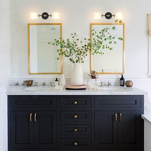 BYOLIIMA Industrial Mid Century Wall Sconce 2-Lights with White Cylinder Glass Shades Modern Bathroom Vanity Wall Lamp Matte Black and Gold Brushed Brass Finished Wall Light Fixture