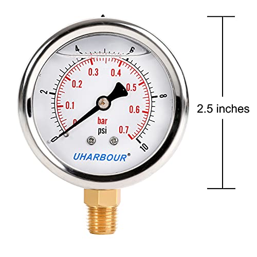 UHARBOUR Glycerin Filled Vacuum Pressure Gauge, 2-1/2" Clear dial,1/4" NPT Back Connection, Stainless Steel Case, Brass Movement, Dual Scales -30HG/60PSI……