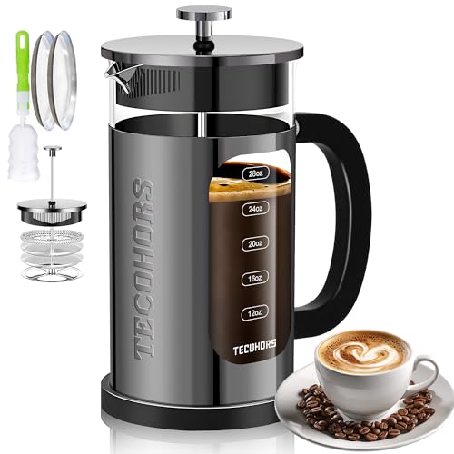 TECOHORS French Press Coffee Maker 34oz / 1 Quart 304 Stainless Steel Coffee Press,with 4 Filters System, Heat Resistant Thickness Borosilicate Glass, Brewed Coffee Pot (Bright Black)