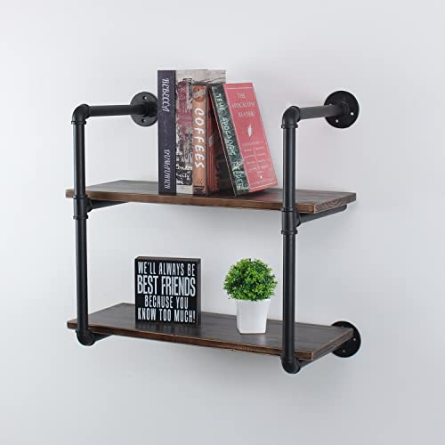 MBQQ Industrial Retro Pipe Shelf 24in 2 Tier Wall Mounted,Rustic Floating Shelves,Farmhouse Kitchen Bar Shelving,Home Decor Book Shelves,DIY Bookshelf Hanging Wall Shelves,Black