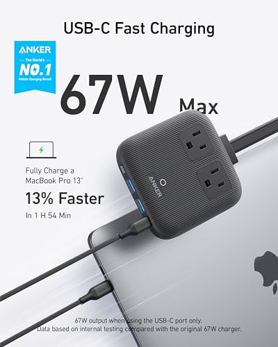 Anker Nano Charging Station(67W Max), 6-in-1 USB C Power Strip for iPhone 15/14 and MacBook, with Flat Plug and 5ft Thin Undetachable Extension Cord,2 AC,2 USB A,2 USB C, for Home&Office(Black Stone)