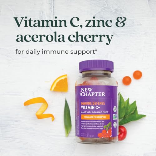 New Chapter Vitamin C+ Gummies – 40% Less Sugar§, Excellent Source of Vitamin C, Two Daily Gummies for Immune Support with Acerola Cherry, Vegan, Non-GMO, Gluten Free, Citrus Flavored, 60ct