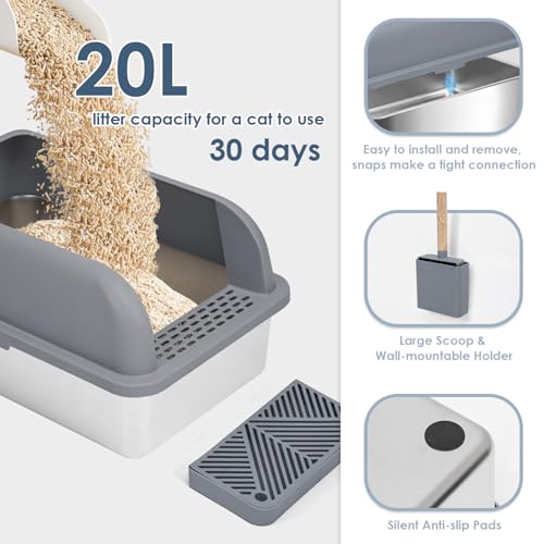 Suzzipaws Enclosed Stainless Steel Cat Litter Box with Lid Extra Large Litter Box for Big Cats XL Metal Litter Pan Tray with High Wall Sides Enclosure, Non-Sticky, Anti-Leakage (Grey)
