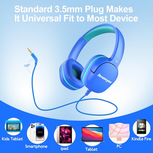 Jimonyer Kids Headphones for School, 3.5mm Jack Wired Headphones for Kids with Safe Volume Limiter, HD Stereo Sound On-Ear Girls Boys Toddler Headphones for Tablet, iPad, Kindle(Black)